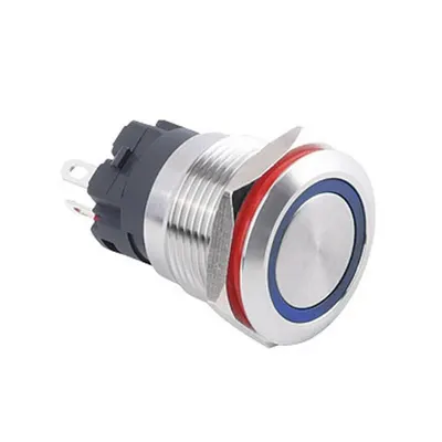 19A-P1Z-E Düz Anahtarlı Işıklı Metal Buton 19mm - Mavi