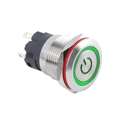 19A-P1Z-EC Düz Anahtarlı Işıklı Power Metal Buton 19mm - Yeşil