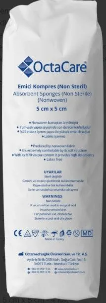 Octacare non-steril spanç emici kompres gazlı bez 5 cm x 5 cm - 8 kat 200 adet