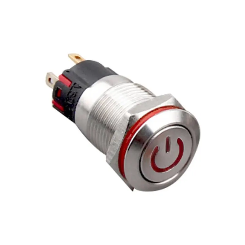 12A-P1Z-C Düz Anahtarlı Işıklı Power Metal Buton 12mm - Kırmızı